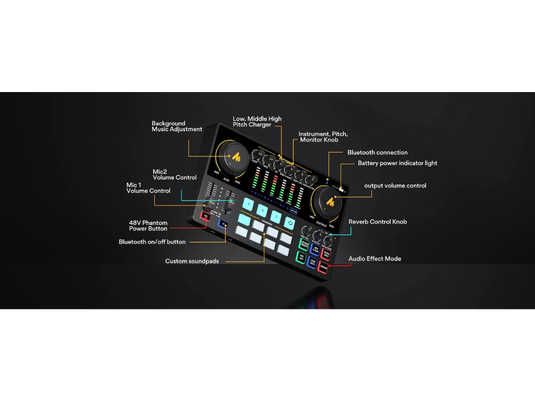 MAONO AME2 Audio Interface, MaonoCaster 10-Channel Podcast mixer with Pro-preamp, 48V Phantom Power, Bluetooth, 11 Customize sound pads for Recording, Streaming. MAONO AME2 Audio Interface, MaonoCaster 10-Channel Podcast mixer with Pro-preamp, 48V Phantom Power, Bluetooth, 11 Customize sound pads for Recording, Streaming.